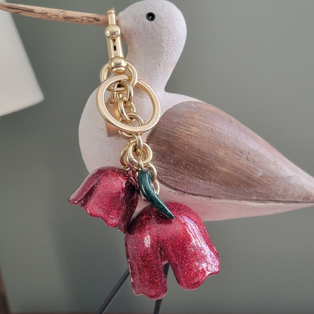 Coach Tea Rose Glitter Resin Flower Bag Charm Keychain Red Green Rare